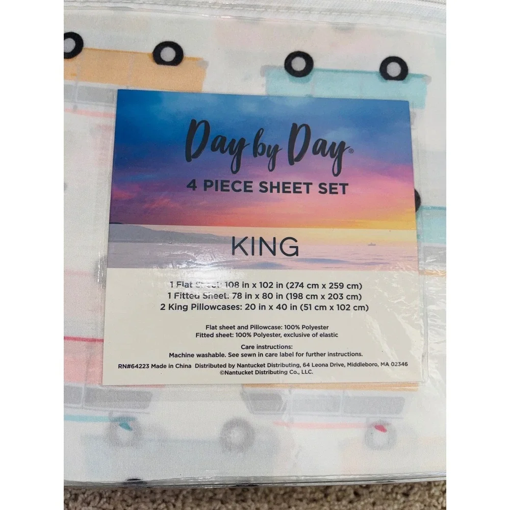 New Retro Camper Van King Sheet Set & Matching Reversible Pillow 5PC Beach Surf